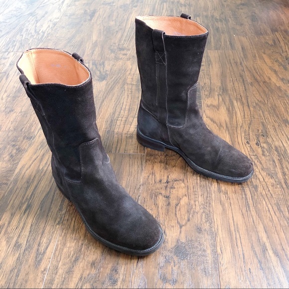 J Crew • Brewster suede boots short chocolate brown mid calf low heel leather